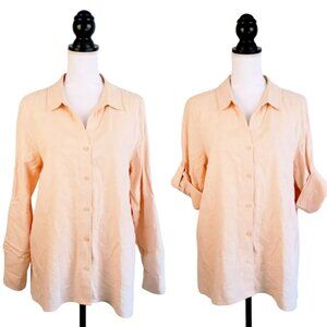 KARL LAGERFELD Button Down Top, Light Orange Linen Blend Roll Tab Sleeves, L
